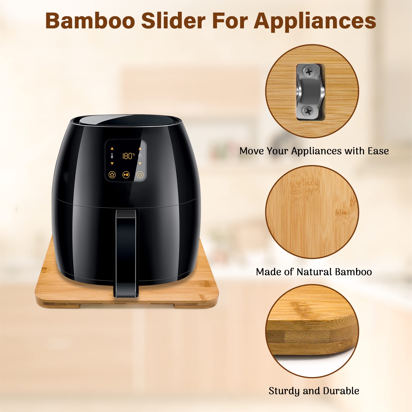 Bamboo Appliance Sliders for Kitchen Small Appliances - Counter Slider for Stand Mixer, Air Fryer, Coffee Maker, Espresso Machine, Toaster, Under Cabinet Sliding Tray for Countertop (14.2"W x 11.8"D)