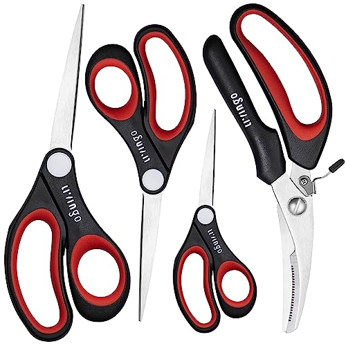 LIVINGO All Purpose Scissors Set - 4 Pack Sharp Multipurpose Heavy Duty Shears for Kitchen Cooking Sewing Fabric Cutting Poultry Food Paper Craft Office Household School Multi Pack Utility Shears