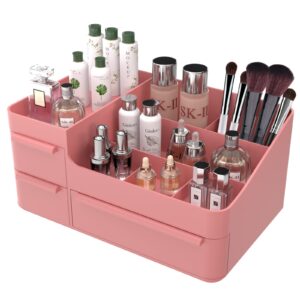 makeup organizer with drawers, countertop organizer for vanity, bathroom and bedroom desk cosmetics display case for brushes, lotions, perfumes, eyeshadow, lipstick and nail polish