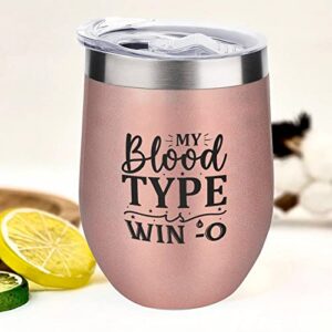 mighun wine tumbler with lid my blood type is win vacuum coffee tumbler stainless steel coffee cup for cold & hot drinks wine coffee cocktails beer (12 oz, 1 pack)