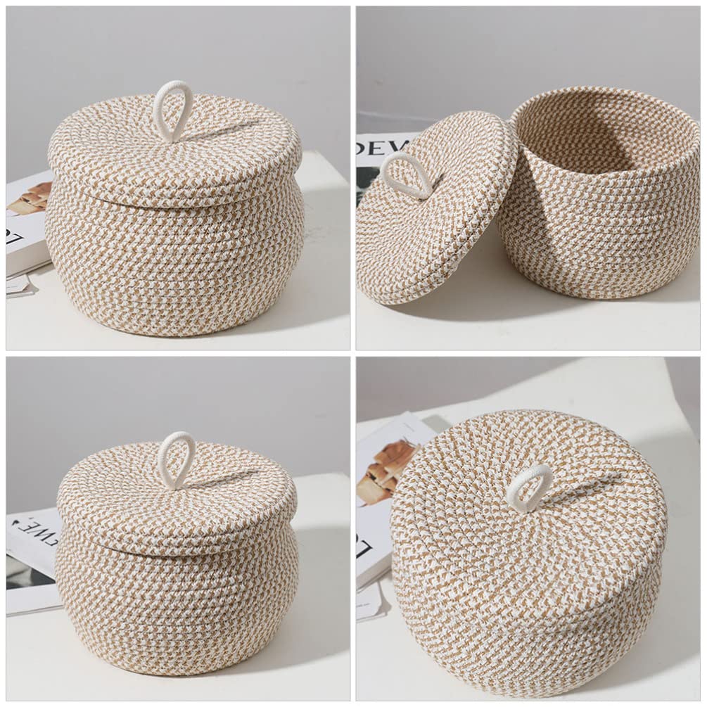 Cabilock Cotton Rope Woven Storage Basket with lids Desktop Organizing Box Sundries Container With Lid Round Cotton Rope Lidded Basket