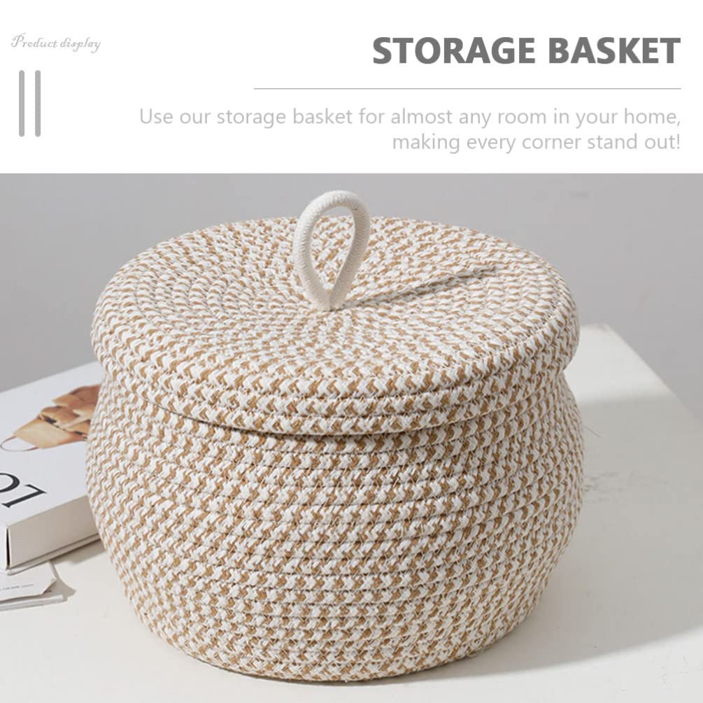 Cabilock Cotton Rope Woven Storage Basket with lids Desktop Organizing Box Sundries Container With Lid Round Cotton Rope Lidded Basket