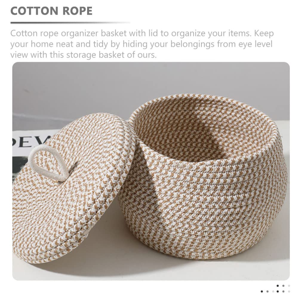 Cabilock Cotton Rope Woven Storage Basket with lids Desktop Organizing Box Sundries Container With Lid Round Cotton Rope Lidded Basket