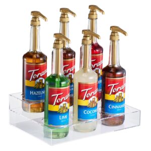 acrylic bottle holder, coffee syrup rack display case | 2-tiered 6 bottle | wine bar bottle rack, clear shelf rack for kitchen, countertop, fridge pantry storage organizer - wine, soda, cans, liquor