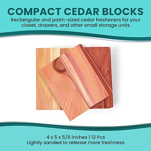 12 Cedar Blocks - Cedar Blocks for Clothes Storage & Closet Set - Cedar Planks & Balls for Clothes Storage - Drawer Freshener for Clothes with Cedar Rings for Hangers - Cedar Wood Chips for Clothes