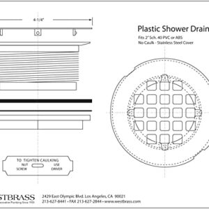 Westbrass A206P-62 2" No-Caulk PVC Compression Shower Drain with 4-1/4" Round Grid Cover, 1-Pack, Matte Black