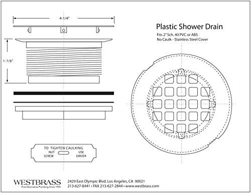 Westbrass A206P-62 2" No-Caulk PVC Compression Shower Drain with 4-1/4" Round Grid Cover, 1-Pack, Matte Black