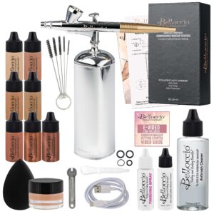 belloccio complete cordless handheld airbrush cosmetic makeup system with 4 medium foundation shades, professional 18-piece kit, moisturizing primer, blush, bronzer, highlighter, concealer, user guide