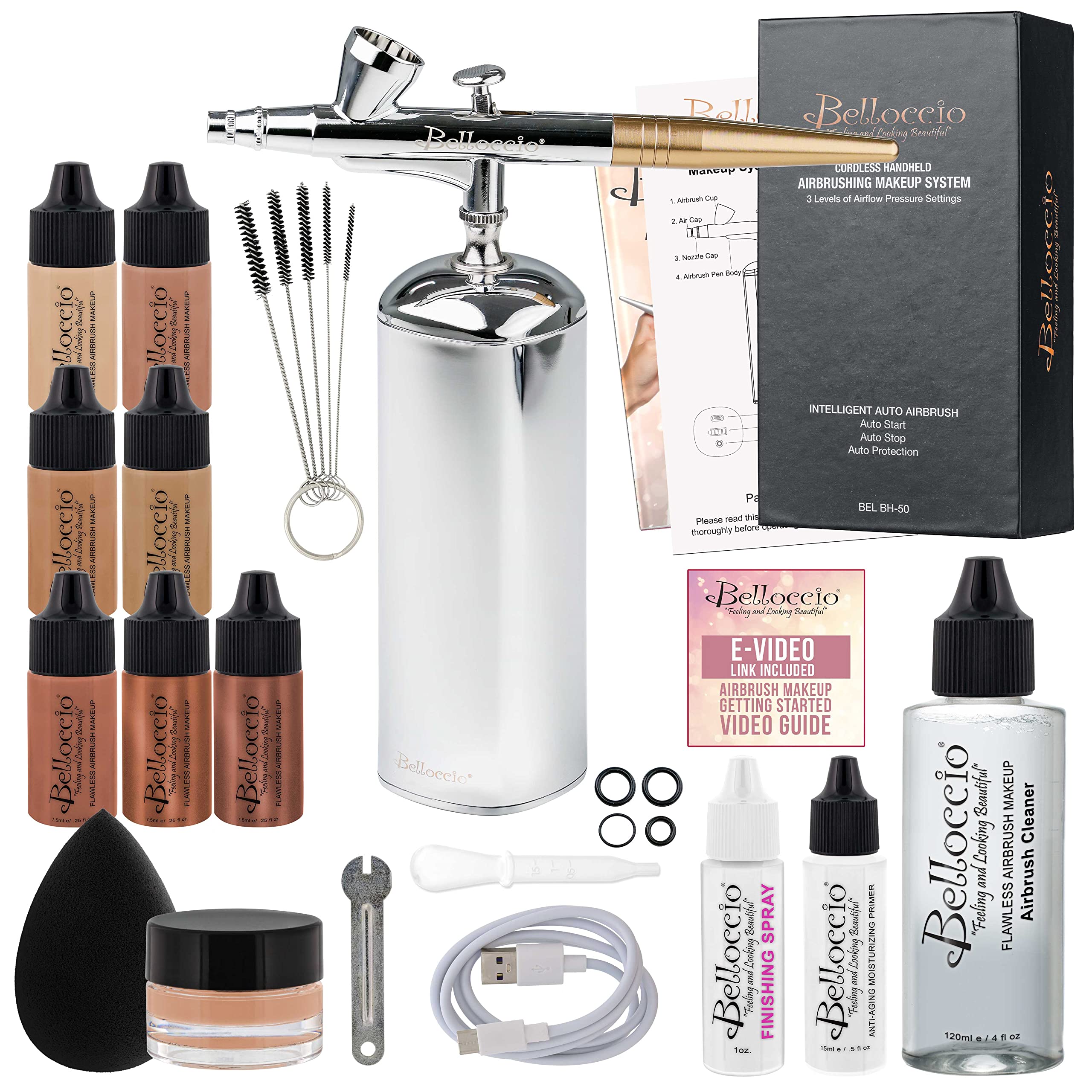 Belloccio Complete Cordless Handheld Airbrush Cosmetic Makeup System with 4 Medium Foundation Shades, Professional 18-Piece Kit, Moisturizing Primer, Blush, Bronzer, Highlighter, Concealer, User Guide