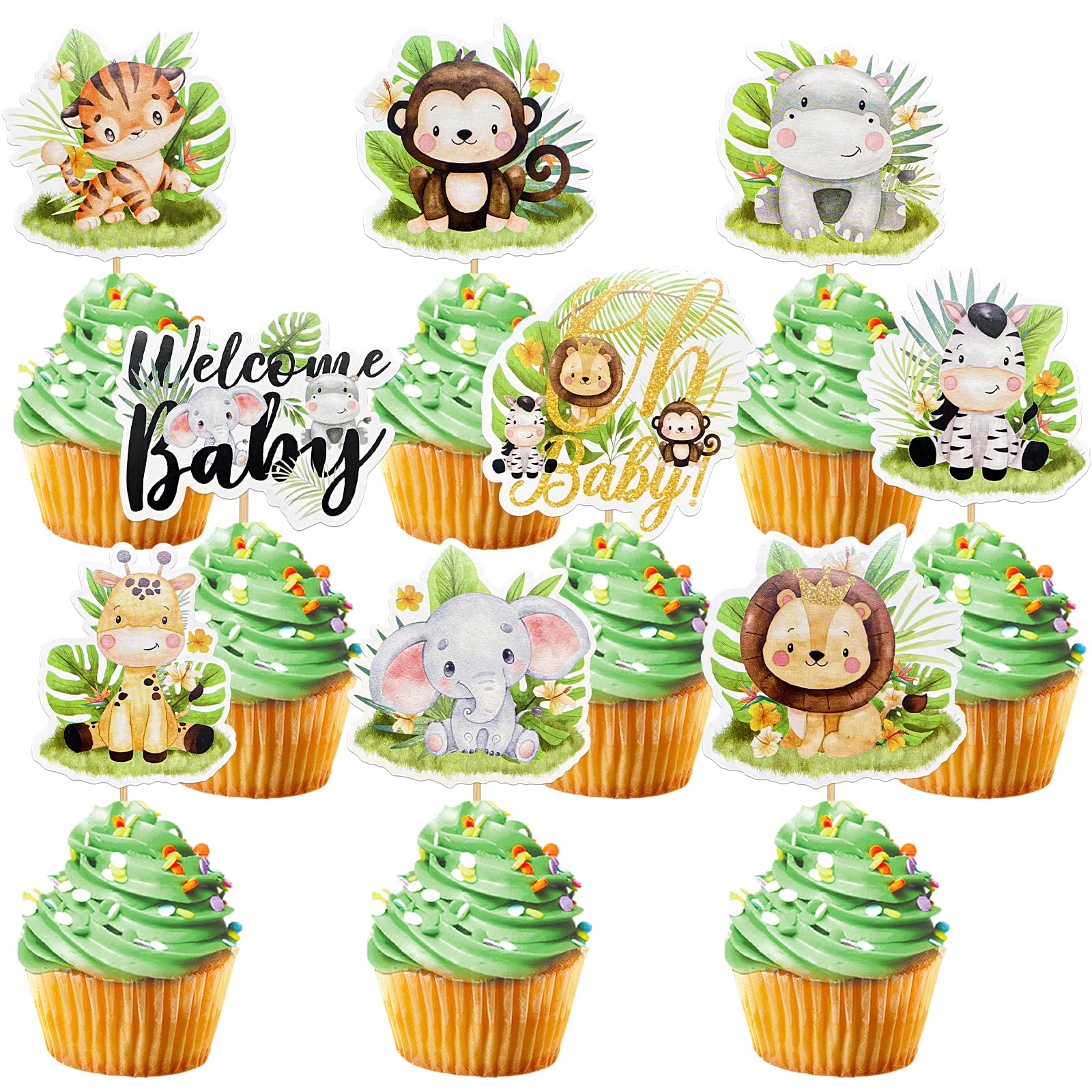 Weecent 45 Pcs Safari Baby Shower Cupcake Toppers Jungle Animals Oh Baby Party Decorations Safari Theme Cupcakes Toppers for Boys Kids Baby Shower Nursery Wild Party Supplies