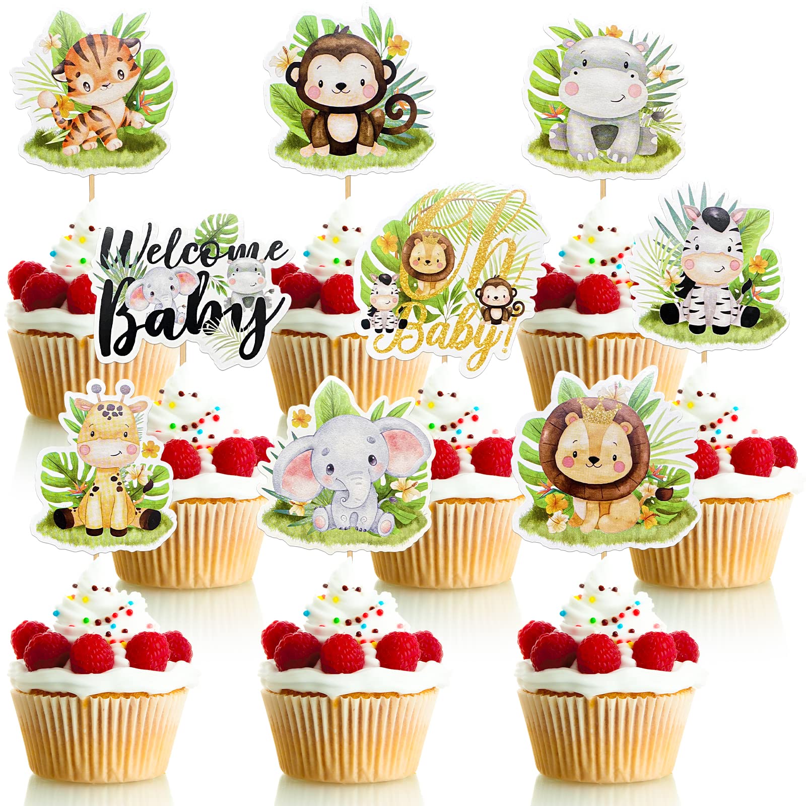 Weecent 45 Pcs Safari Baby Shower Cupcake Toppers Jungle Animals Oh Baby Party Decorations Safari Theme Cupcakes Toppers for Boys Kids Baby Shower Nursery Wild Party Supplies