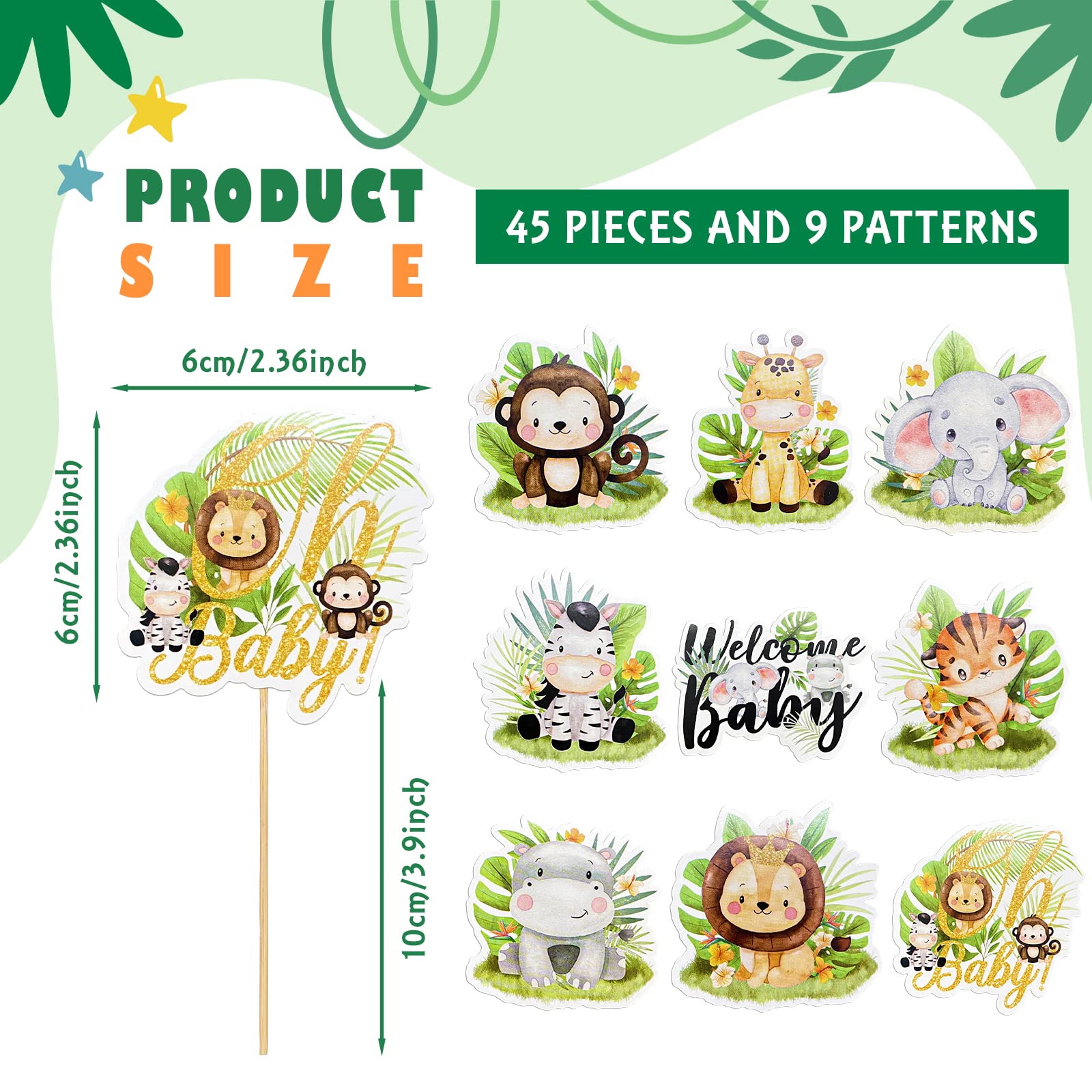 Weecent 45 Pcs Safari Baby Shower Cupcake Toppers Jungle Animals Oh Baby Party Decorations Safari Theme Cupcakes Toppers for Boys Kids Baby Shower Nursery Wild Party Supplies