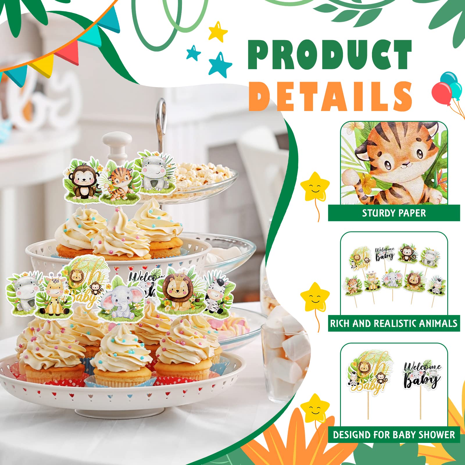 Weecent 45 Pcs Safari Baby Shower Cupcake Toppers Jungle Animals Oh Baby Party Decorations Safari Theme Cupcakes Toppers for Boys Kids Baby Shower Nursery Wild Party Supplies