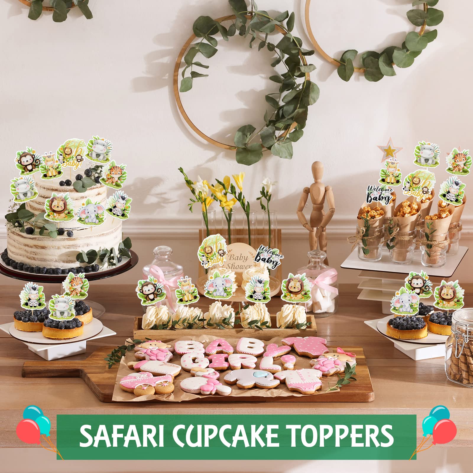 Weecent 45 Pcs Safari Baby Shower Cupcake Toppers Jungle Animals Oh Baby Party Decorations Safari Theme Cupcakes Toppers for Boys Kids Baby Shower Nursery Wild Party Supplies