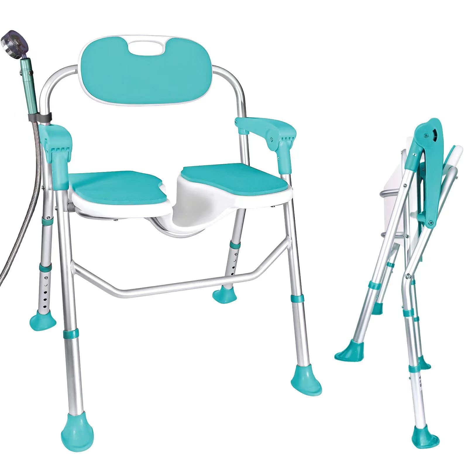 Shower Chair with Arms and Back 350 LB, Folding Shower Chair 5-Level Adjustable, Non-Slip Feet Shower Seat Cutout for Private Washing,for Elderly,Disabled, Seniors & Pregnant，Heavy Duty Shower Chair