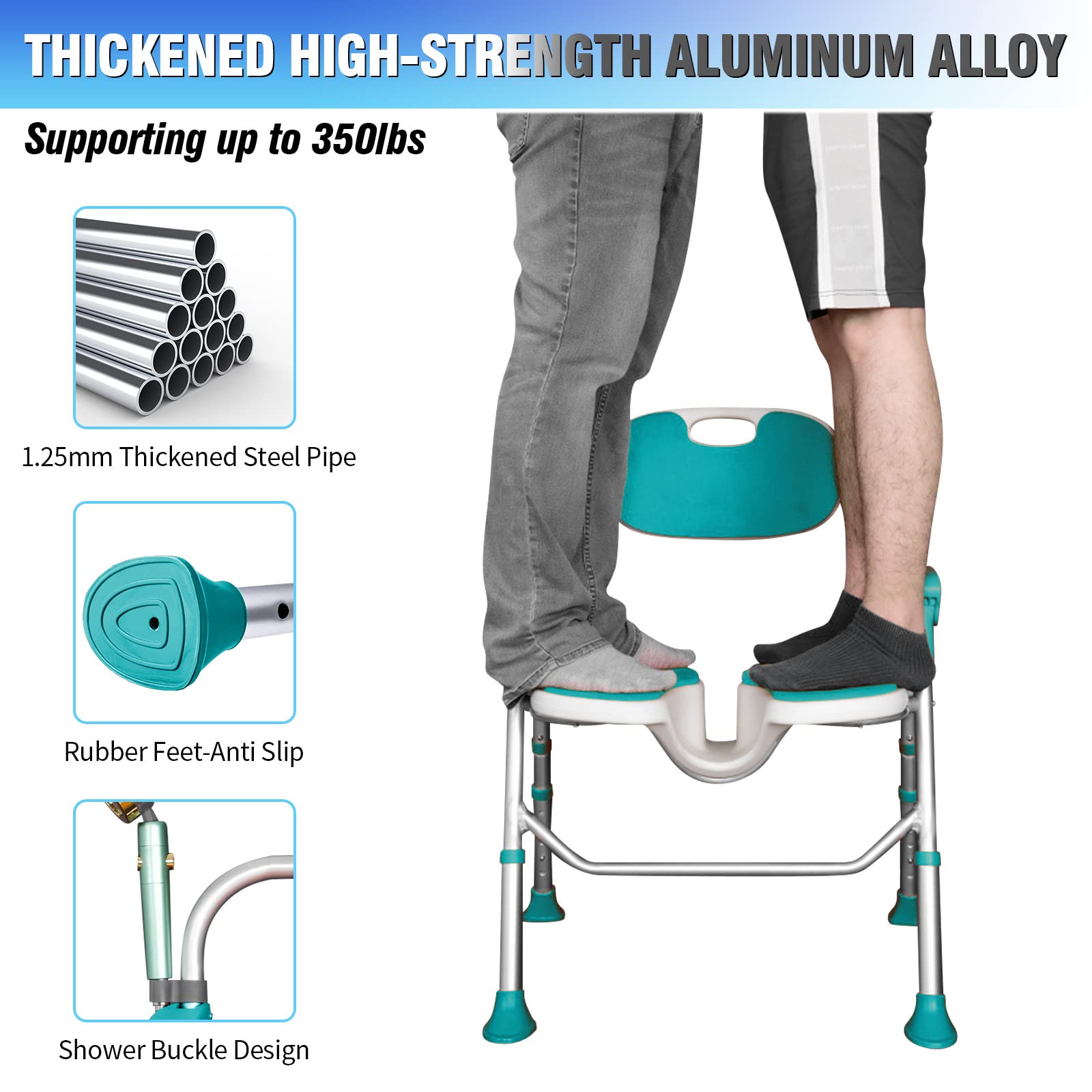 Shower Chair with Arms and Back 350 LB, Folding Shower Chair 5-Level Adjustable, Non-Slip Feet Shower Seat Cutout for Private Washing,for Elderly,Disabled, Seniors & Pregnant，Heavy Duty Shower Chair