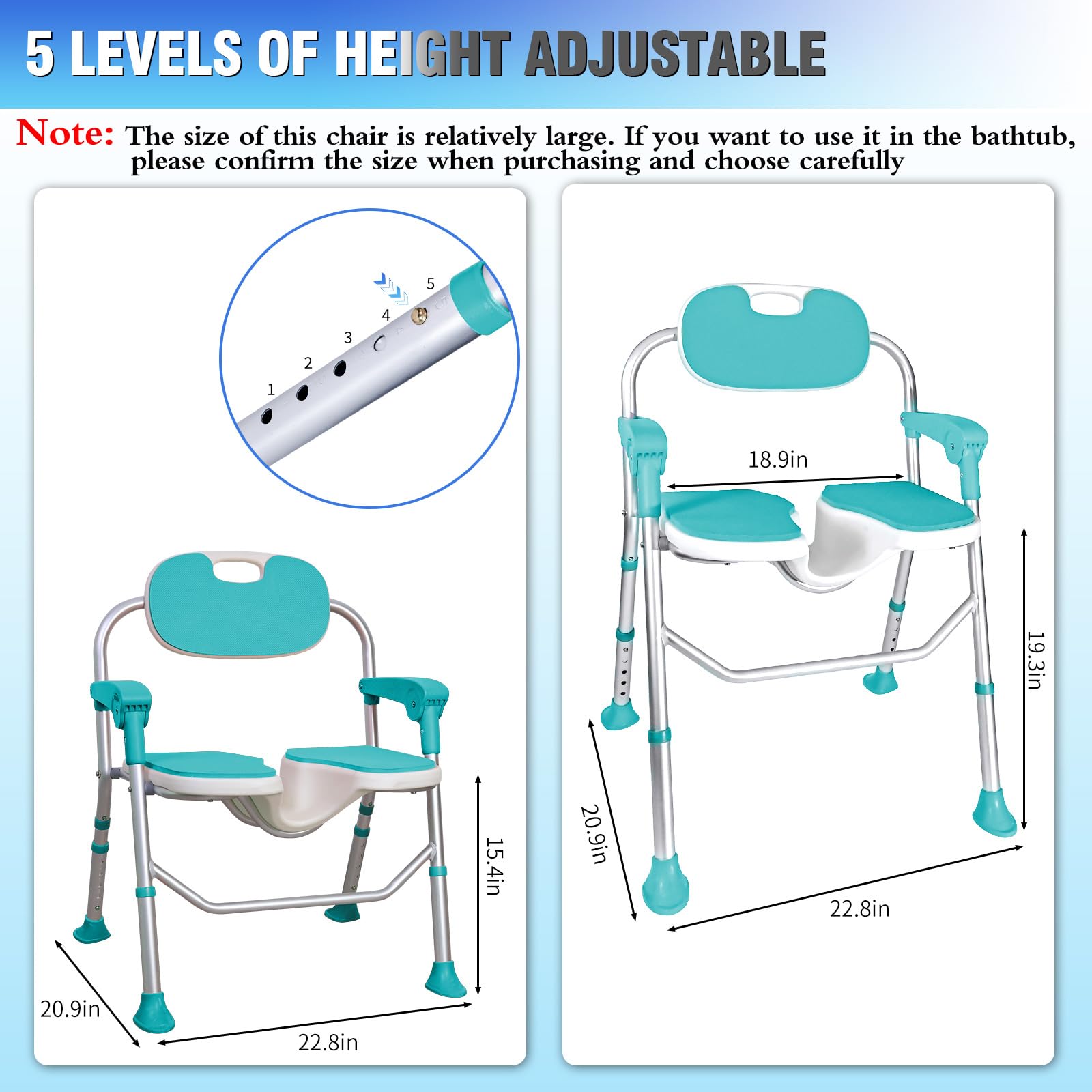 Shower Chair with Arms and Back 350 LB, Folding Shower Chair 5-Level Adjustable, Non-Slip Feet Shower Seat Cutout for Private Washing,for Elderly,Disabled, Seniors & Pregnant，Heavy Duty Shower Chair
