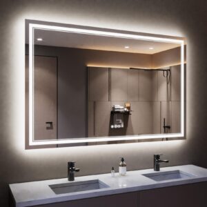 istripmf 55 x 36 inch led bathroom mirror with lights, backlit and front lighted bathroom mirrors for wall, anti-fog dimmable memory shatterproof led vanity mirror for bathroom