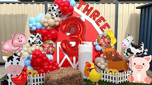 Farm Animal Balloons Cow Pig Balloon Farm Animal Theme 3rd Birthday Party Decor Cow Print Latex Balloons Walking Animal Balloons Duck Rooster Large Number 3 Balloon THREE Letter Banner Balloon 14 Pcs