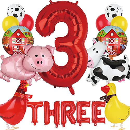 Farm Animal Balloons Cow Pig Balloon Farm Animal Theme 3rd Birthday Party Decor Cow Print Latex Balloons Walking Animal Balloons Duck Rooster Large Number 3 Balloon THREE Letter Banner Balloon 14 Pcs