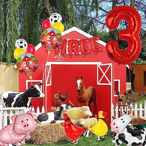 Farm Animal Balloons Cow Pig Balloon Farm Animal Theme 3rd Birthday Party Decor Cow Print Latex Balloons Walking Animal Balloons Duck Rooster Large Number 3 Balloon THREE Letter Banner Balloon 14 Pcs