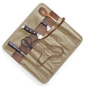 Angus Stoke Knife Bag made of durable Canvas & genuine buffalo Leather - Chef's Knife Roll Case for Cooking, Camping & BBQ - Knives storage Neil (Beige)