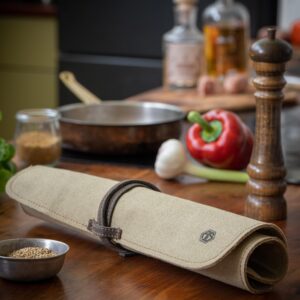 Angus Stoke Knife Bag made of durable Canvas & genuine buffalo Leather - Chef's Knife Roll Case for Cooking, Camping & BBQ - Knives storage Neil (Beige)