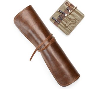 Angus Stoke Knife Bag made of genuine buffalo Leather & Canvas - Chef's Knife Roll Case for Cooking, Camping & BBQ - Knives storage bag Nate (brown)