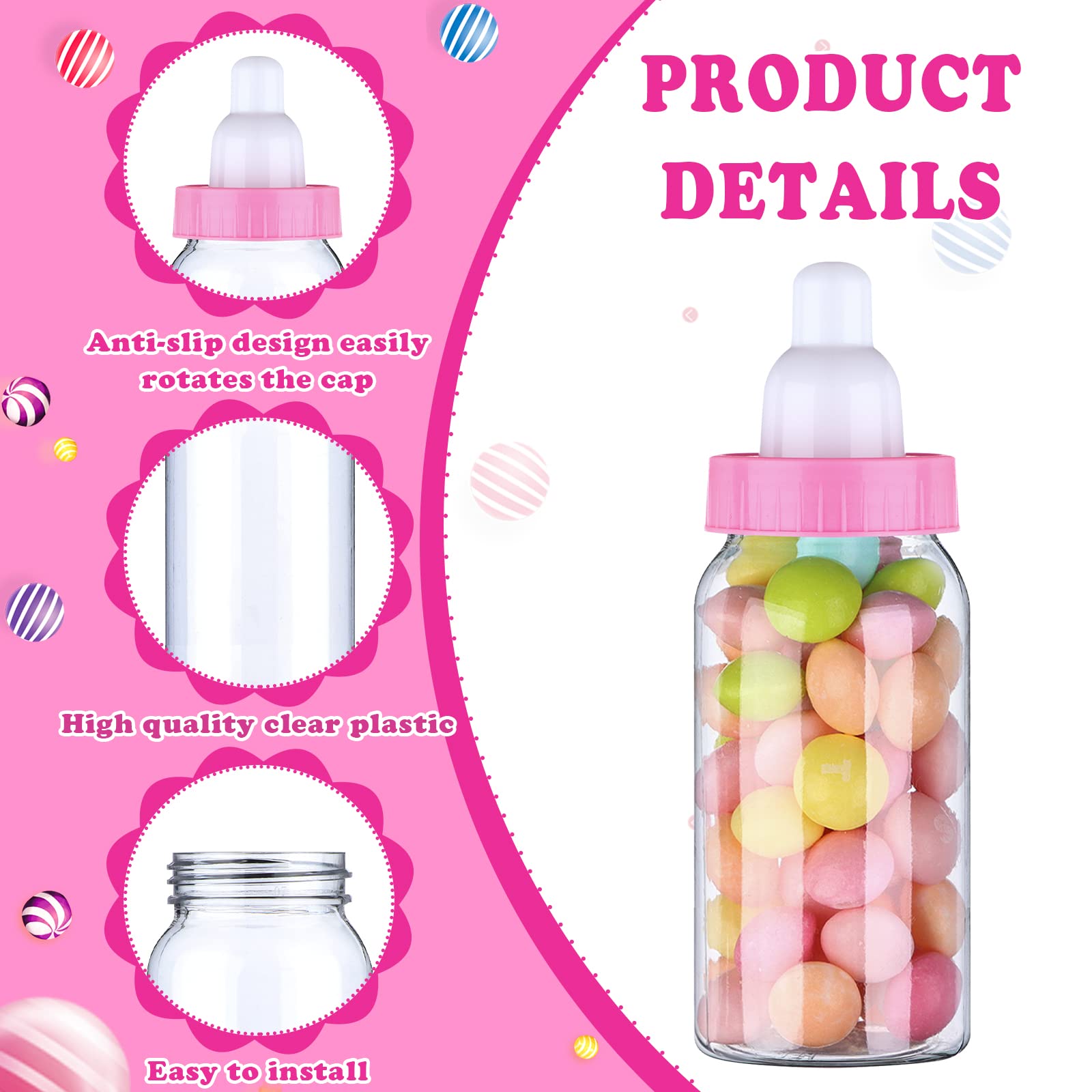 60 Pcs 4 Inch Baby Mini Milk Bottle Baby Shower Favor Fillable Feeding Bottle Candy Box Small Plastic Candy Bottle DIY Gift for Boy Girl Newborn Baptism Party Decor (Pink)