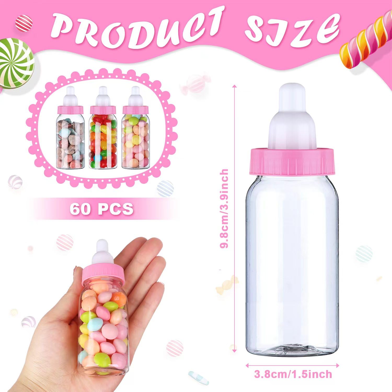 60 Pcs 4 Inch Baby Mini Milk Bottle Baby Shower Favor Fillable Feeding Bottle Candy Box Small Plastic Candy Bottle DIY Gift for Boy Girl Newborn Baptism Party Decor (Pink)