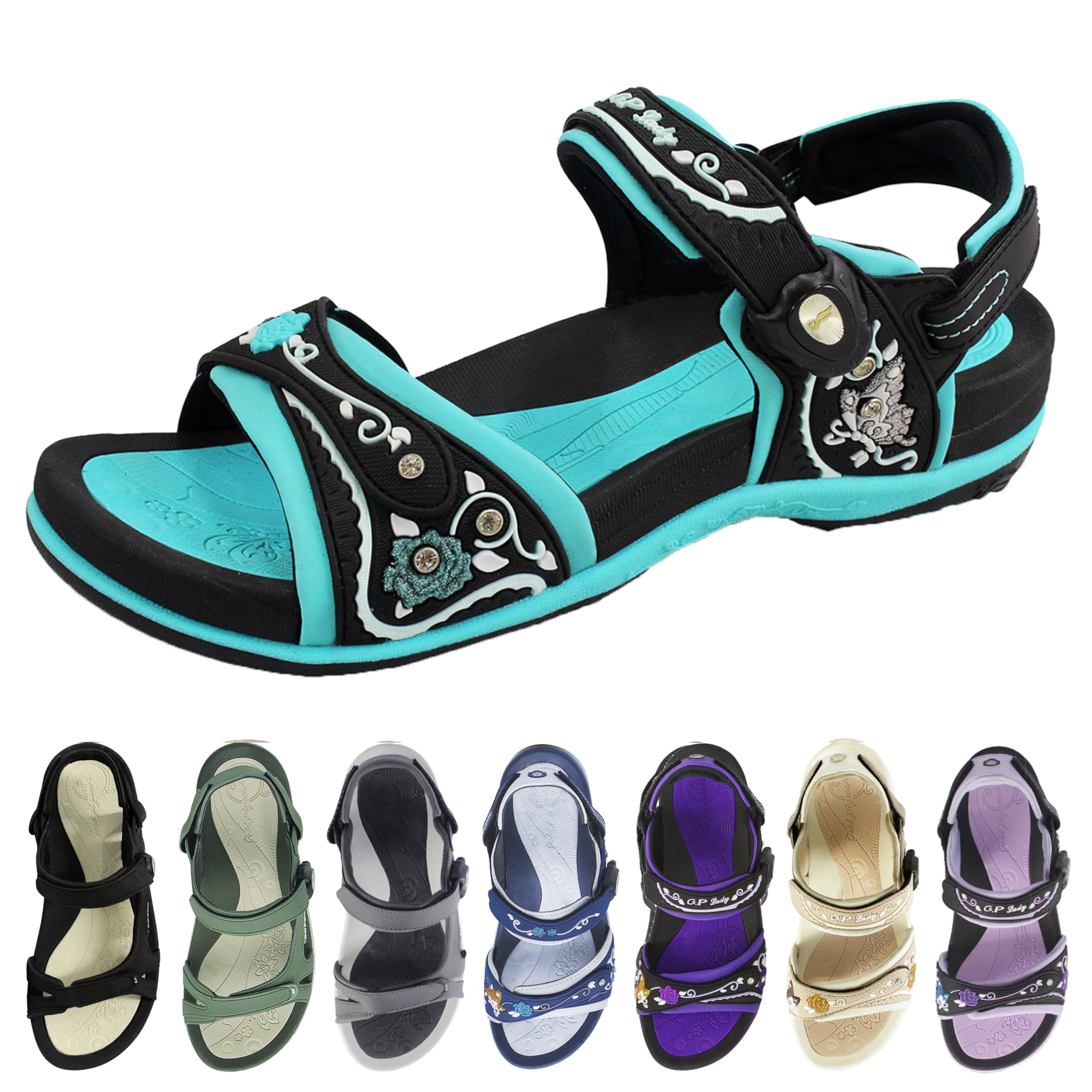 Gold Pigeon Shoes SIGNATURE Women Sandals, Water Sandal for Women Comfort Cushion Adjustable Magnetic Buckle: 5991 Blue Turquoise, Size 9-9.5 (5991-blue-40)