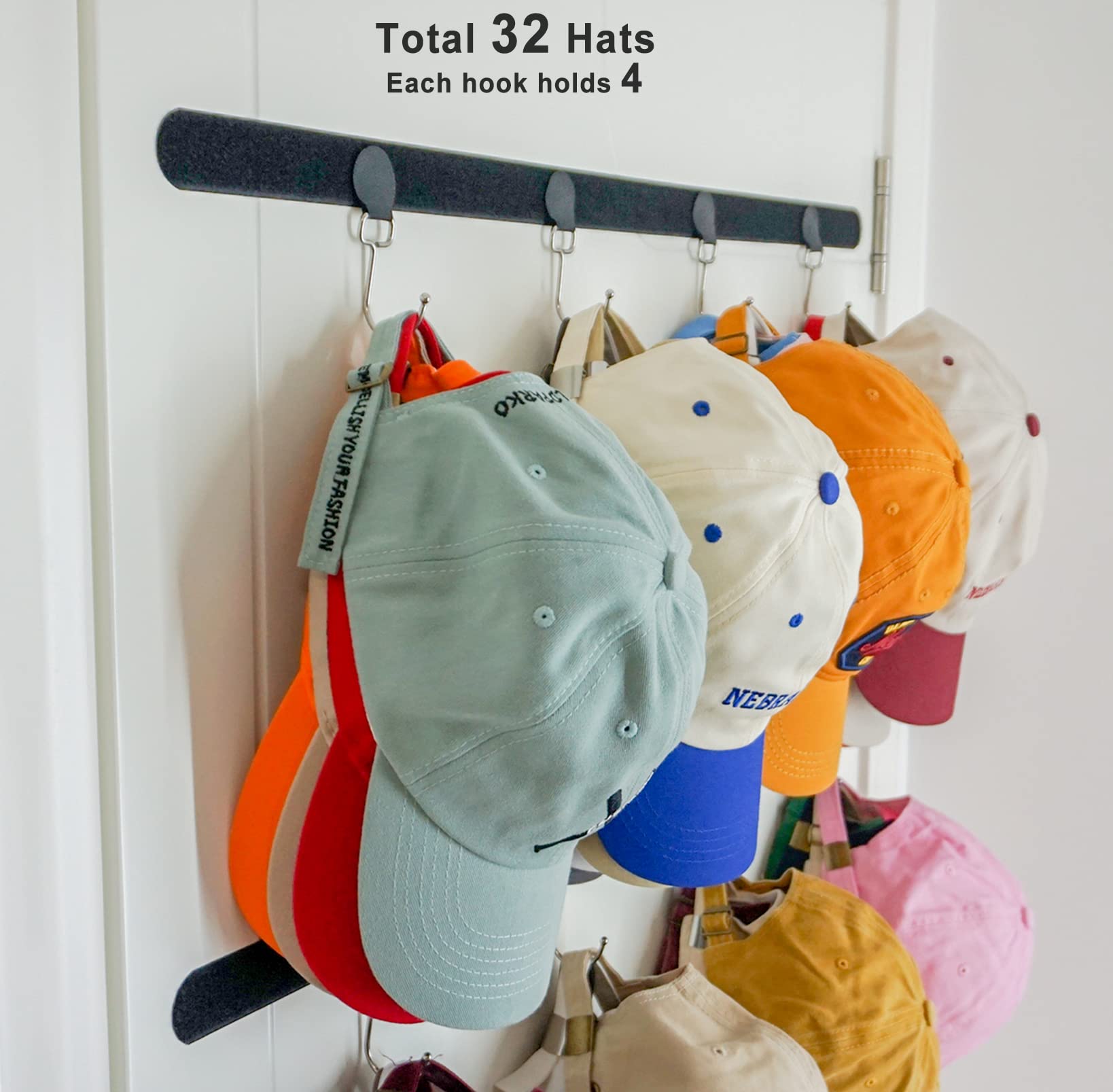 ETOWIFA Hat Organizer Rack for Baseball Caps [Up to 32 Caps] Hat Hanger Display for Wall and Over The Door Closet, Room/College Dorm Storage Holder - 2 Adhesive Straps and 8 Removable Hooks