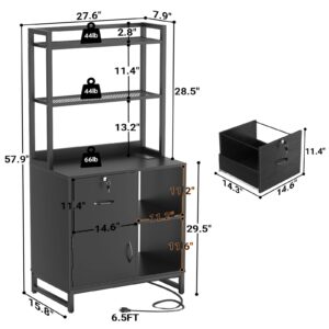 Homieasy Vertical Filing Cabinet with Lock & Charging Station, Large Drawer Wood File Cabinet with Bookshelf, Printer Stand with Open Storage Shelf, fits Letter Size for Home Office, Black