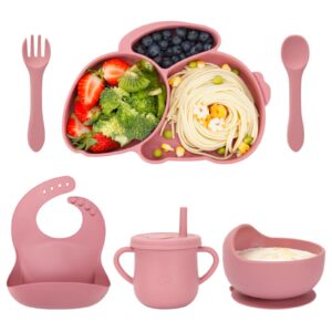 frvesroe baby feeding set, 6 pcs silicone baby led weaning supplies, includes rabbit plate with non-slip suction, bib bowl cup spoon and fork, bpa free for self feeding kids & toddlers & child (pink)