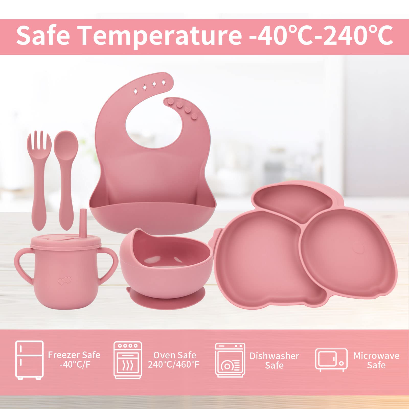 Frvesroe Baby Feeding Set, 6 Pcs Silicone Baby Led Weaning Supplies, Includes Rabbit Plate with Non-Slip Suction, Bib Bowl Cup Spoon and Fork, BPA Free for Self Feeding Kids & toddlers & Child (Pink)