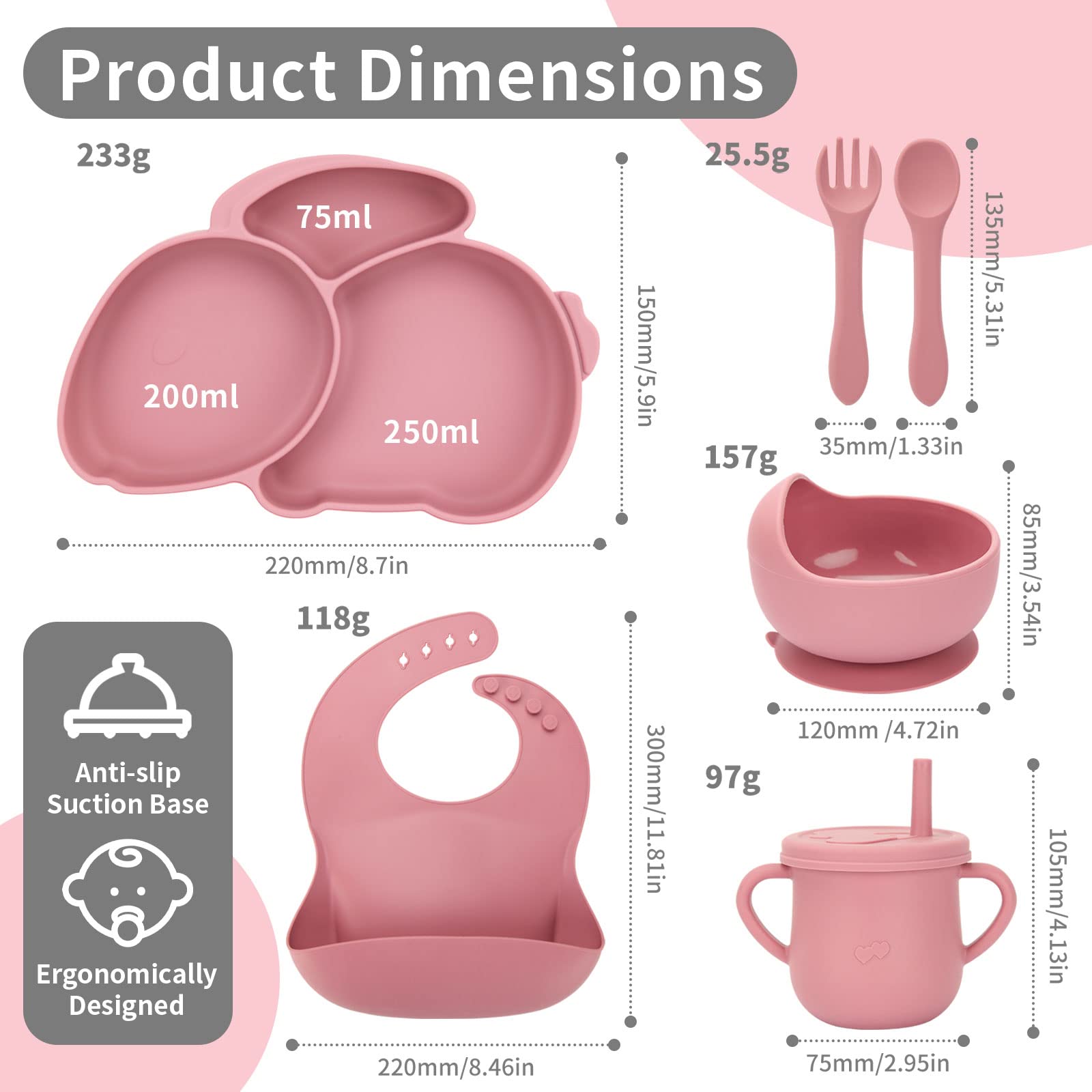 Frvesroe Baby Feeding Set, 6 Pcs Silicone Baby Led Weaning Supplies, Includes Rabbit Plate with Non-Slip Suction, Bib Bowl Cup Spoon and Fork, BPA Free for Self Feeding Kids & toddlers & Child (Pink)