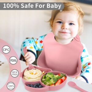 Frvesroe Baby Feeding Set, 6 Pcs Silicone Baby Led Weaning Supplies, Includes Rabbit Plate with Non-Slip Suction, Bib Bowl Cup Spoon and Fork, BPA Free for Self Feeding Kids & toddlers & Child (Pink)