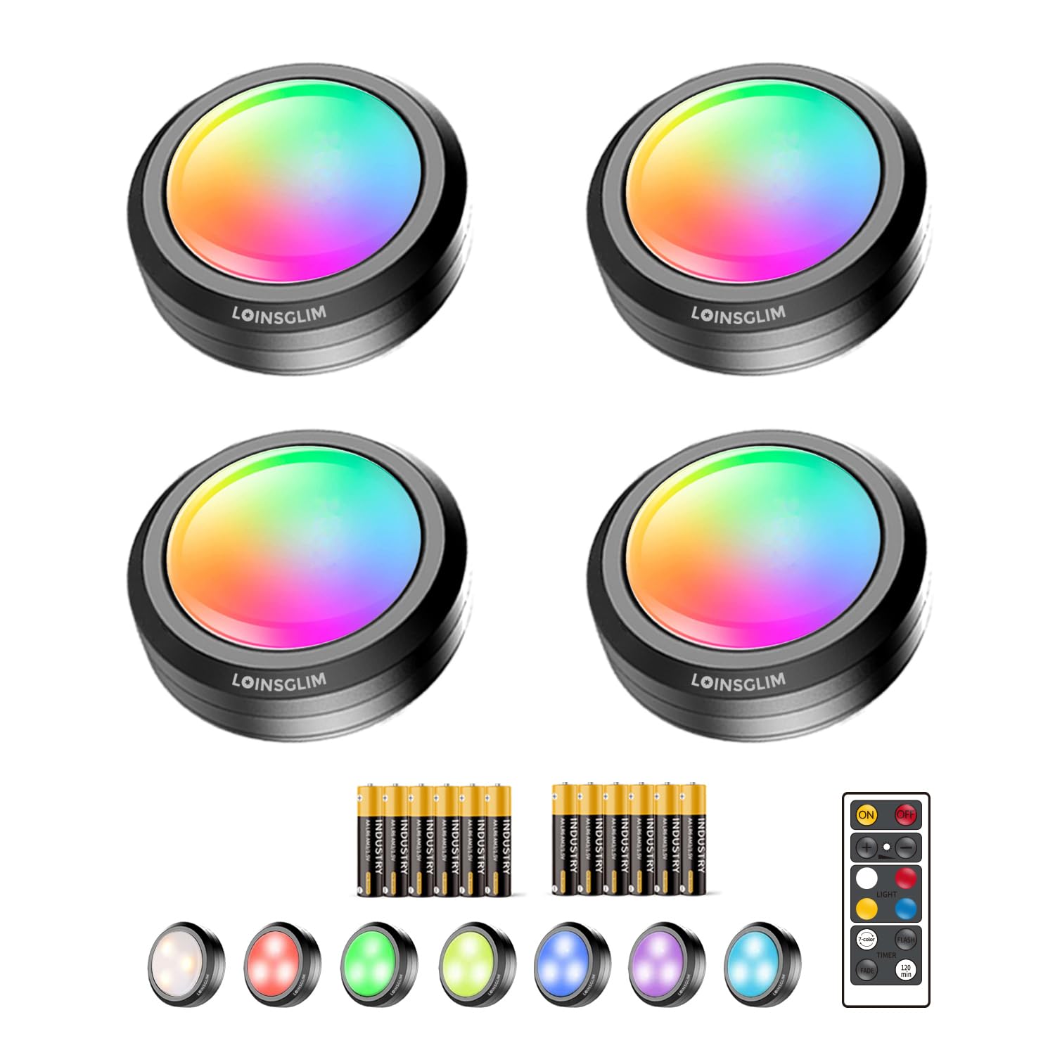 LOINSGLIM Puck Lights with Remote,7 Colors Under Cabinet Lighting Wireless,Battery Operated RGB LED Lights Dimmable, Push Lights for Closet,Kitchen,Under Counter Lights Bar Display Shelf (4pack)