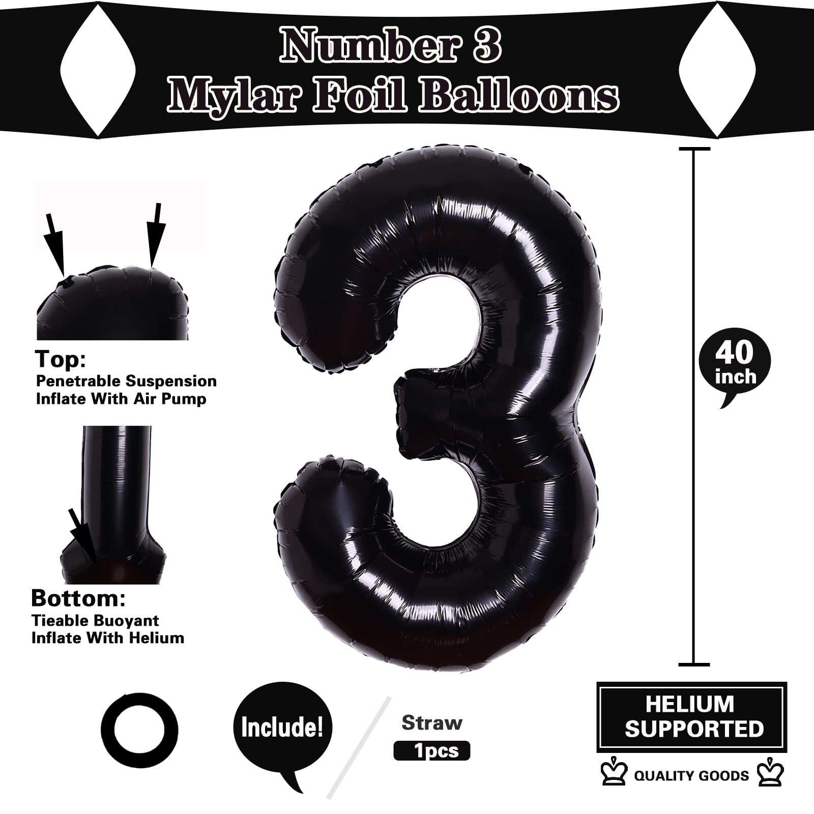 40inch Hot Black Number 3 Balloon 3rd Birthday Party Supplies Decors for Girl Boys 3 Years Old Balloon Anniversary Party Decorations Digital Balloons Hot Black Theme Party Supplies Photo Shoot for Kid