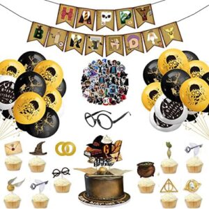 magical harry birthday decorations - 130 pcs of magical wizard birthday party supplies includes birthday banner, cake topper, lensless glasses, balloons, cupcake toppers, stickers for kids & adults.