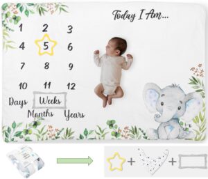 baby milestone blanket, 60"x40", baby month blanket for unisex babys, first year calendar monthly growth chart, (light gray elephant)