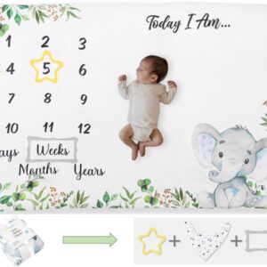 Baby Milestone Blanket, 60"x40", Baby Month Blanket for Unisex Babys, First Year Calendar Monthly Growth Chart, (Light Gray Elephant)