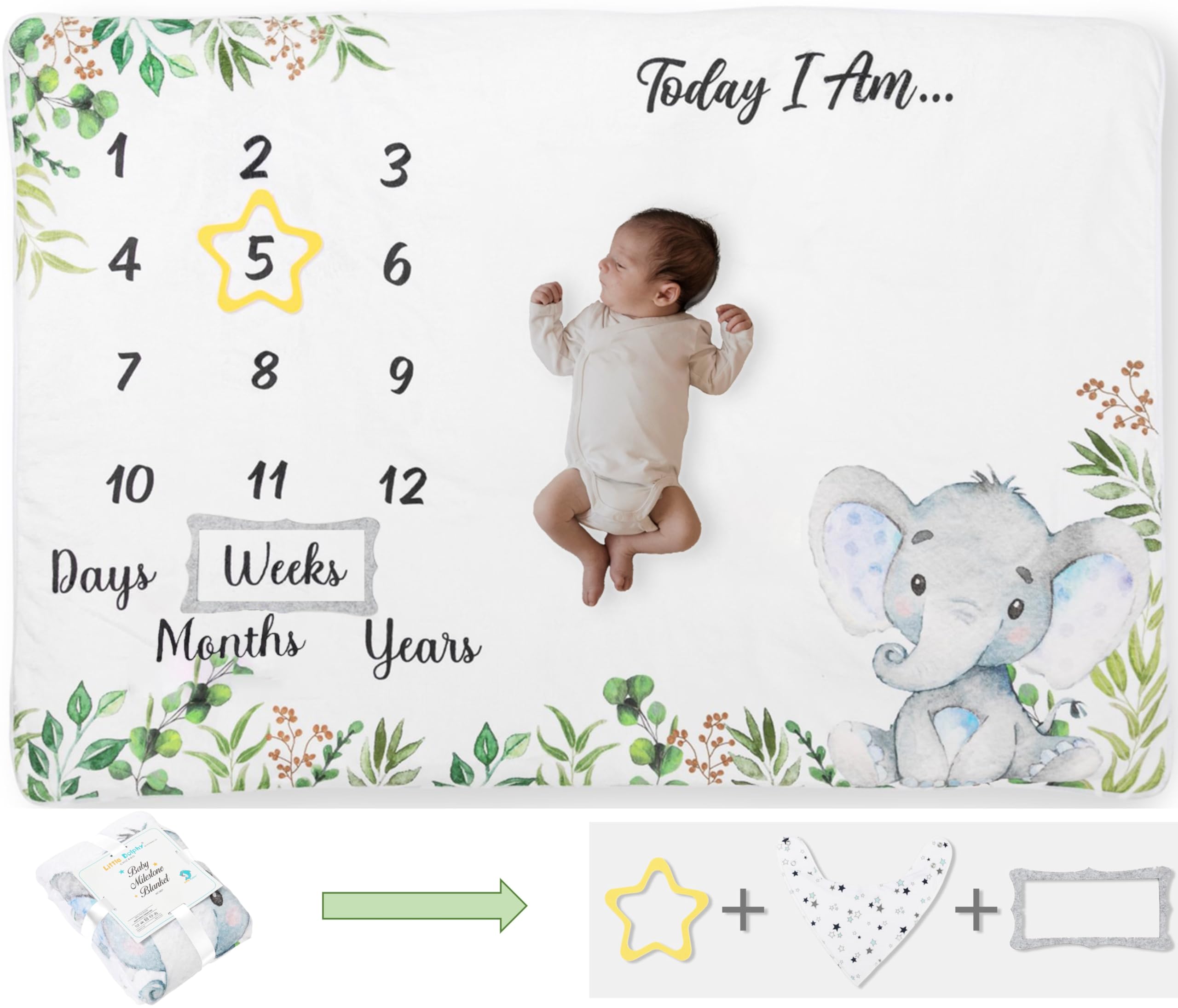 Baby Milestone Blanket, 60"x40", Baby Month Blanket for Unisex Babys, First Year Calendar Monthly Growth Chart, (Light Gray Elephant)