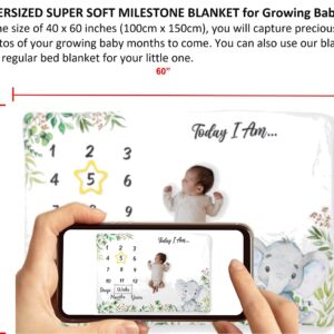 Baby Milestone Blanket, 60"x40", Baby Month Blanket for Unisex Babys, First Year Calendar Monthly Growth Chart, (Light Gray Elephant)