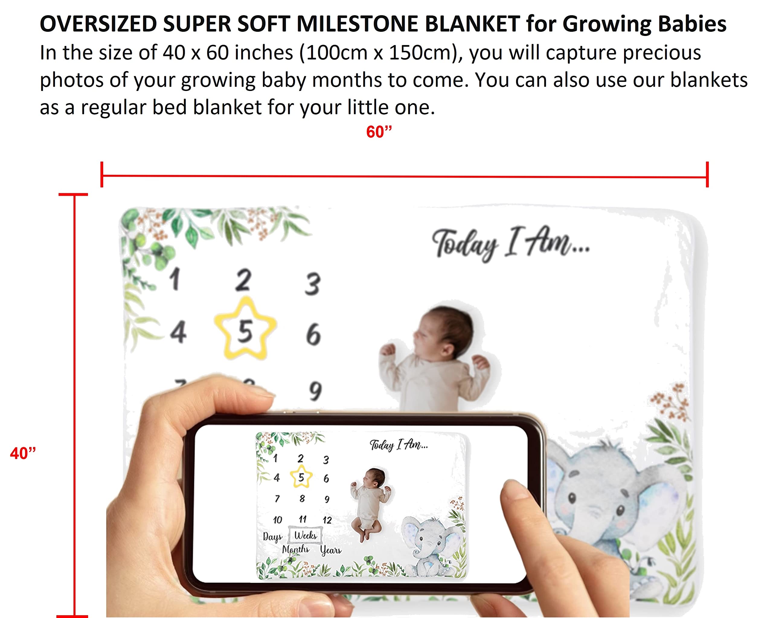 Baby Milestone Blanket, 60"x40", Baby Month Blanket for Unisex Babys, First Year Calendar Monthly Growth Chart, (Light Gray Elephant)