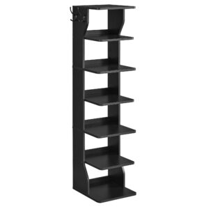 vasagle 7 tier vertical shoe rack, narrow shoe storage organizer with hooks, slim wooden corner shoe tower rack, robust and durable, space saving for entryway and bedroom, black ulbs200t16