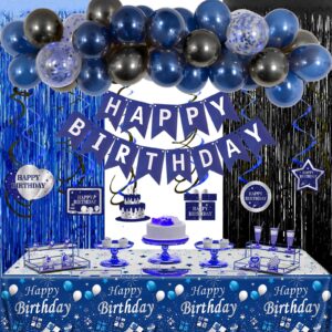 blue and black birthday decorations for men women boys girls,happy birthday party decorations with happy birthday banner, tablecloth and fringe curtains, party supplies for bday party decor