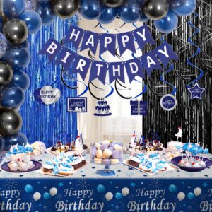 Blue and Black Birthday Decorations for Men Women Boys Girls,Happy Birthday Party Decorations with Happy Birthday Banner, Tablecloth and Fringe Curtains, Party Supplies for Bday Party Decor