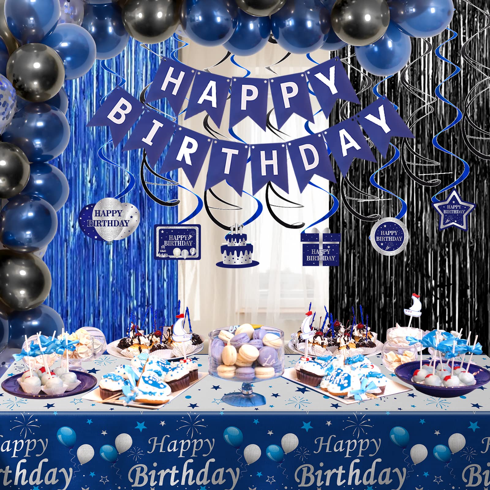 Blue and Black Birthday Decorations for Men Women Boys Girls,Happy Birthday Party Decorations with Happy Birthday Banner, Tablecloth and Fringe Curtains, Party Supplies for Bday Party Decor