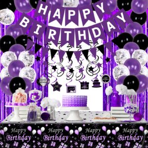 purple black birthday decorations for women girls, happy birthday party decorations for her him bday party supplies balloons tablecloth foil fringe curtains hanging swirls decor pennant flag